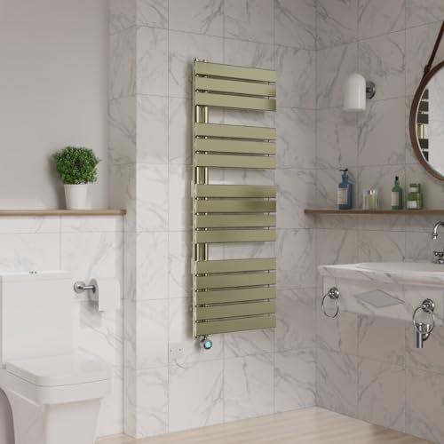 Warmehaus Prefilled Electric Heated Towel Rail with Timer Designer Flat Panel Thermostatic Bathroom Towel Radiator Brushed Brass 1380x500mm