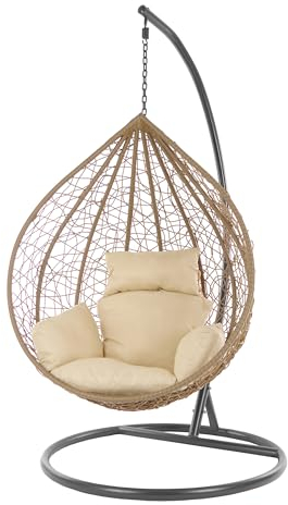 KIDEO Komplettset: XXL Hängesessel mit Gestell & Kissen, großer Korbsessel, Poly-Rattan, naturfarben, Classic chic (Hazelnut/grau/beige)