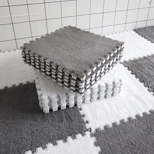 Lot de 10/20 dalles de moquette emboîtables en mousse - Motif puzzle - 30 x 30 cm - Avec bordure - Pour salon et chambre à coucher - Gris + 10 pièces blanches