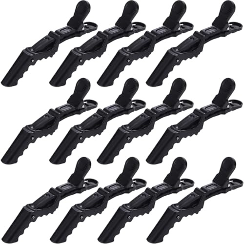 LAKJUOZ Haarspangen Friseur 12 Stück, Kunststoff Haarklammer, Friseur Clips Mit Rutschfestem Griff Und Breiten Zähnen Für Damen Und Mädchen, Professionelle Friseurspange (Schwarz)