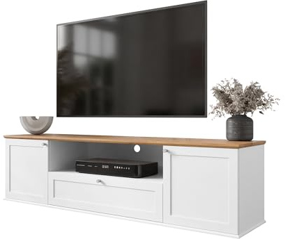 Mirjan24 TV-Lowboard Gacoris 2D1SZ, TV-Tisch im skandinavischen Stil mit 2 Türen und Schublade TV Board, Fernsehtisch, Fernsehschrank, TV-Schrank, TV-Bank, TV-Möbel (Weiß/Lefkas Eiche)