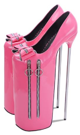 FamMe Damen 30cm Pole Dance Schuhe runde Zehenpartie Super Plateau Stiletto High Heels mit Schleife Metallabsatz Pumps Reißverschluss Dekoration Club Party Schuhe,Rosa,44
