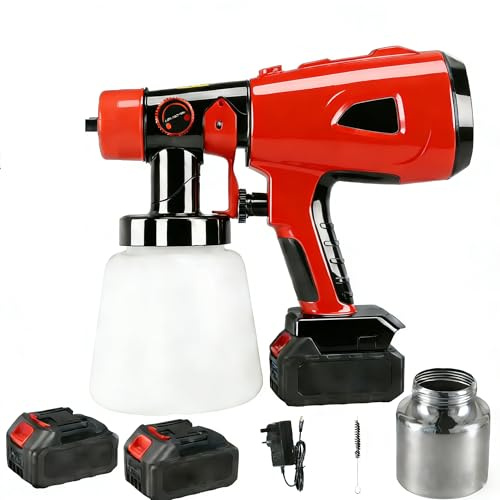 Pulverizador de Pintura Inalámbrica 850 W, 800 ml Sistema de Pulverización de Pintura con 2 x 2600 mAh 21V Batería y Cargador, 5 Boquillas, 2 Recipiente de Pintura, para Paredes, Techos, Vallas