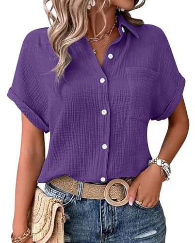 Nuoke Musselin Bluse Damen Shirts Bluse Elegant Tunics Sommer Tshirt Kurzarm Leinen Knopf Bluse Lange Oversized T-Shirt Casual für Leggings