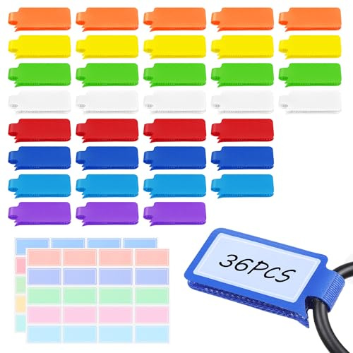 Summerbrite 36 Etiquetas para Cables, con 40 Adhesivas Pegatinas, Multicolores y Escribibles, Ideales para La Gestión y Identificación de Cables (Rectángulo)