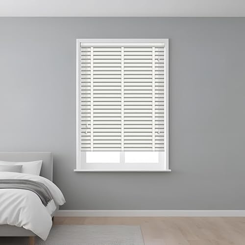 J.Din Custom Made to Measure Faux Wood Blind 50mm Horizontal Slats Window Venetian Blinds, Easy Fit & Child Safe (White Tape, 105cm Width x 150cm Drop)