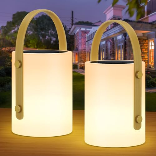 RWWR 2 Stück Solar Lampe Outdoor LED, IP44 Wetterfest, Dimmbar, 8-15H Akku, Tragbar | 2-in-1 Aufladung 8 Farben für Terrasse Camping Garten Balkon