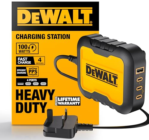 DEWALT Heavy Duty 4 Port USB C Charger Block, 100W USB C Charger Intelligent Power Sharing, 6ft UK Power Cord, Charge 4 Devices Compatible w/DEWALT 20V Batteries, Perfect for Work Tables & Jobsites