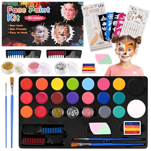 Diealles Shine Truccabimbi Kit, 20 Truccabimbi Kit Anallergici Atossici, Face Painting Bambini con 2 Pennelli 32 Stencil, per Halloween, Carnevale, Pasquale