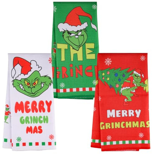 Szhhrxi 3PCS Weihnachten Küchenhandtücher 60x40 cm, Lustige Grin-Festliche Geschirrtücher mit Waffelmuster, Trockentücher für Küche und Abwasch, Weihnachtsdeko für Grinch-Fans