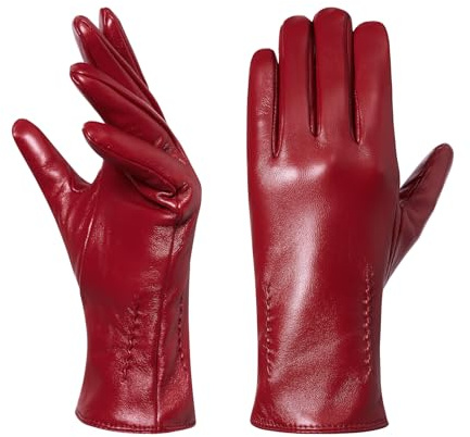 Hanotolo Womens Winter Leather Gloves -Touchscreen Warm Wool Lined Texting Driving Gloves,Red,M