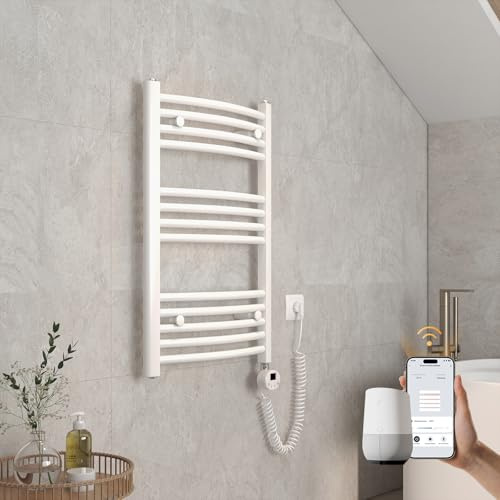EMKE Gebogen Badheizkörper Elektrisch 750x500 mm - WiFi Handtuchheizkörper Elektrisch, Elektrischer Handtuchwärmer Handtuchtrockner Handtuch Heizkörper Bad mit Thermostat und Heizstab - 300W, Weiß
