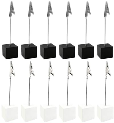 LifgWas 12 Soporte para Fotos con Pinza de Cocodrilo y Base de Madera de Pino, Portafotos Moderno para Mesa, Escritorio, Menús y Bodas, Negro y Blanco, Soporte para Notas y Tarjetas de 10.5cm