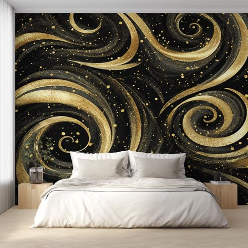 Generisch Vlies Fototapete Wirbel Schwarz Gold 150x105 cm, Tapete Modern Abstrakt Tapeten Vliestapete Wohnzimmer Schwarz Gold Schlafzimmer Wandtapete Ornamente Mustertapete W&56