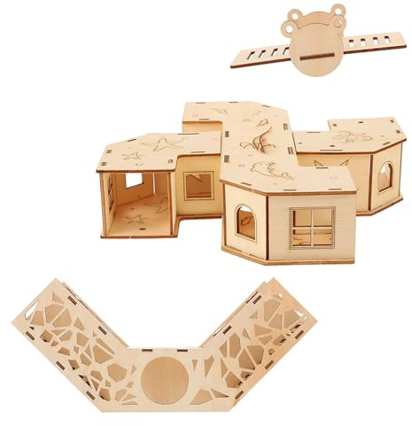 HOMSFOU Tunnel Labyrinthe en Bois Naturel 22 X 22 X 5 CM Balançoire et Maison, d'Entraînement pour Petits Animaux et Rongeurs Cage