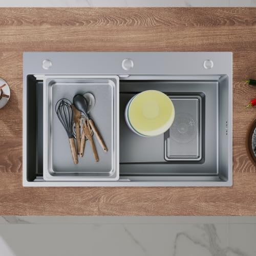Sirhona - Fregadero de cocina de acero inoxidable, 70 x 45 cm, con cesta escurridor, colador cuadrado, lavabo cocina para muebles, borde ancho de tres agujeros, con último sifón y demasiado lleno