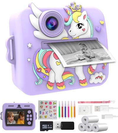 Macchina Fotografica per Bambini Istantanea Unicorno, Prima Fotocamera Digitale Bambina con Stampa Immediata, Video 1080P e Schermo 2.4, 4 Rotoli e Scheda 32GB Inclusi, Giochi Creativi