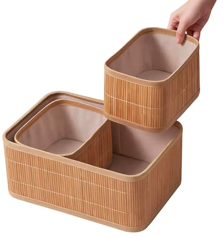 3er Set Bambus Aufbewahrungskörbe mit Stoffeinsatz – 1 großer & 2 mittlere Körbe (32x22x12 cm / 21x15x10 cm) – Stapelbare Organizer Körbe für Bad, Wickeltisch & Regal, Natur (A00001)