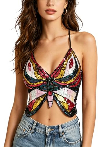 Schmetterling Top Pailletten Bauchfreie Oberteile Rückfrei Crop Tops Glitzer Camisole Sommer Cropped Top V-Ausschnitt Tanktop Damen Cropshirt Club Party Ärmellose Mode Tank-Tops für Tanz Strand