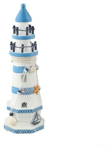 Zeroupshop Faro ornamentale in legno a righe blu e bianche, statuetta marina fatta a mano, per la casa, mensola, tavolo, 22,5 cm (30 centimetri)