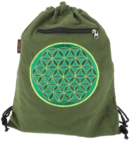 GURU SHOP Bestickter Turnbeutel, Rucksack, Sportbeutel, Freizeitbeutel, Goa Beutel, Hippie Beutel - Grün, Unisex - Erwachsene, 45x35x15 cm
