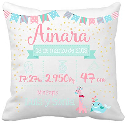 Kembilove Cojín Personalizado Natalicio para Bebes – Cojín Natalicio con Nombre y Datos del Bebe – Cojín Natalicio para recién Nacidos – Cojines Infantiles para Bebes – Regalos Originales (Mod-23)