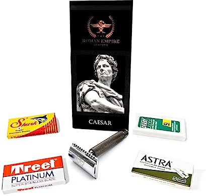 Roman Empire Shaving® Rasierhobel Caesar Rotguss - Eleganter Safety Razor für Damen & Herren - Nassrasierer Set inkl. 20 Rasierklingen von Astra, Derby, Shark, Treet - Rasier Set