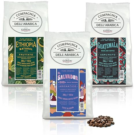 Caffè Corsini Compagnia dell'Arabica Tris Caffè Guatemala Etiopia El Salvador 100% Arabica in Grani Tris Monorigine - Pacco da 3 x 250 g
