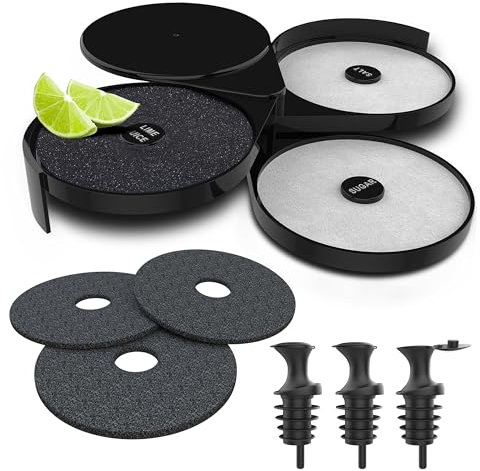 Esatto Glass Salt Rimmer 3 Tier for Margarita Tray and Cocktail, Black with 2 Extra Sponge’s + 3 Pourers – Apply Salt, Sugar, and Lime Juice for Better Drinks and Efficient Drink Preparation