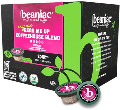 beaniac Organic Bean Me Up Coffeehouse Blend, Medium Roast, Single Serve Compostable K Cup Coffee Pods, Organic Arabica Coffee, Keurig Brewer Compatible, 30 Count