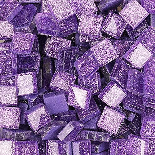 Glasmosaikfliesen Bulk-Quadrat Mosaiksteine Glitzerkristall Glasstücke, Glasfliesen Glassteine für Basteln, Haus Deko 200 g, 1 x 1 cm(Violett)