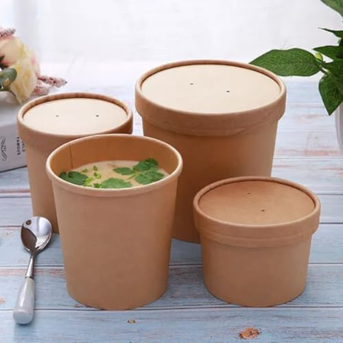 HOT BARGAINS 25 X 8oz Brown Kraft Disposable Soup Cups Containers with Lids of Paper Soup Bowls Size of 8oz, 12oz & 16oz Takeaway (8OZ)