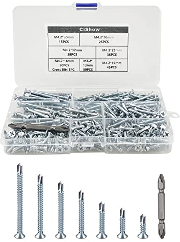 256 viti a testa svasata M4.2 Phillips, in ferro zincato, viti autofilettanti in metallo, viti autofilettanti, kit di viti per fogli di metallo, viti per tetto in lamiera, con punte a croce (7 misure)