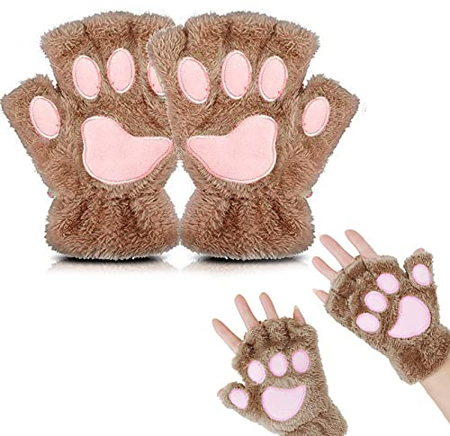 EQLEF Fingerlösa handskar, dam, katttassar, handskar, katttass, fina halvhandskar, varma vinterhandskar, klor, handskar, cosplay för kvinnor, lady och tonårsflickor, BRUN, 18*13*3cm