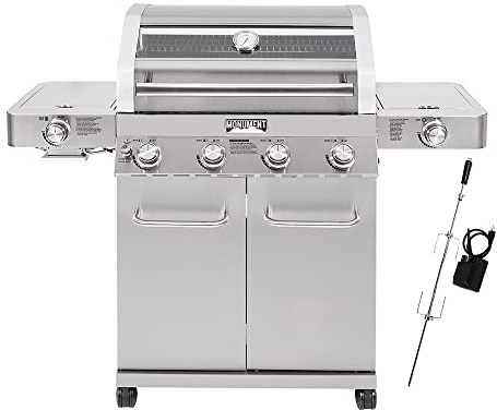 Monument Grills Larger 4-Burner Propane Gas Grills Stainless Steel Cabinet Style with Infrared Side Sear & Side Burners Knob Controls Built-In Thermometer with Stainless Steel Rotisserie Kit(2 Items)