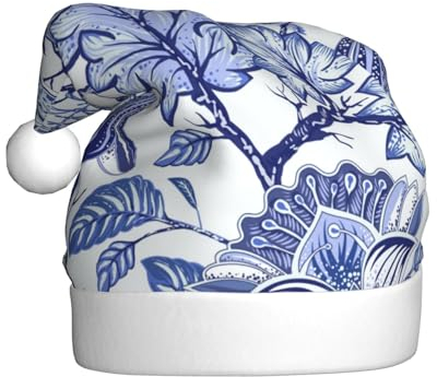 Jadery Blaue florale Weihnachtsmannmütze, Unisex, Weihnachtsmütze für Erwachsene, Neujahr, festliche Party, Weihnachtszubehör