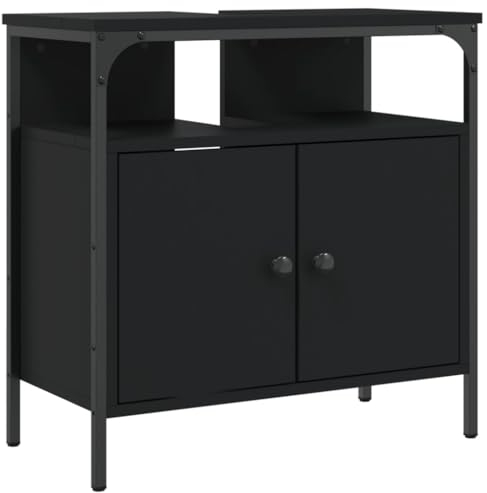 vidaXL Armoire Lavabo de Salle de Bain, Placard sous Vasque avec Porte, Meuble de Rangement, Organisateur de Toilette Intérieur, Noir