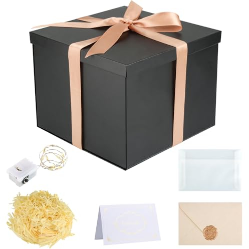 Geschenkbox mit Deckel, Schwarz Geschenkverpackung Box, 23x23x18cm Geschenkbox Geburtstag, Geschenk Box mit 6 Stück Geschenk Dekoration Zubehör für Muttertag Geburtstag Party