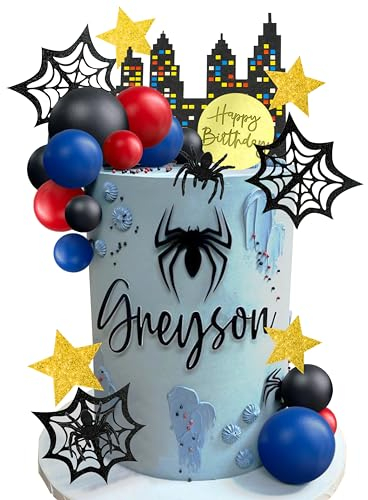 DRWATE Spider Cake Topper with Black Red and Blue Balls Spiders Webs Stars City for Boys Men Birthday Party Baby Shower Supplies (City)