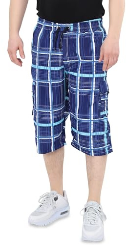 Ben Creek – capri-fritidsbyxor för män – Bermudashorts för fritid och vardag – korta 3/4 vandringsbyxor med elastiskt midjeband – halvlång cargo, med multifickor QL05, Blå-vit rutig, M