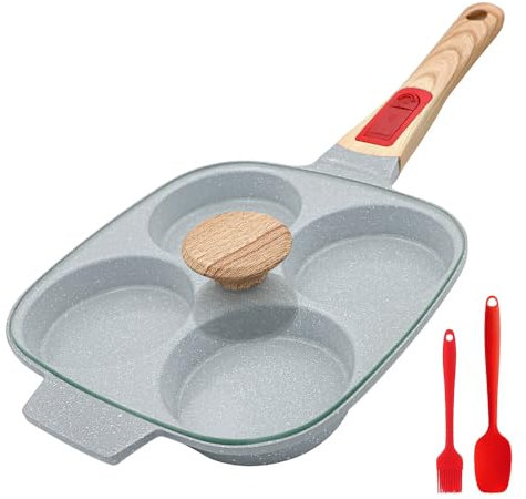 RANX INGST Egg Pan with Lid, Non Stick Ceramic Coating, 4 Cup Pancake Pan with Detachable Handle Burger Pan for Breakfast - Blue