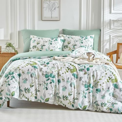Tokokimo Bettwäsche 200x200 3teilig - Bettwäsche-Sets mit 2 Kopfkissenbezüge mit Reißverschluss 80x80 - Frühlingsblumenmuster Mikrofaser Bettbezug für Doppelbetten mit Reißverschluss, Grün