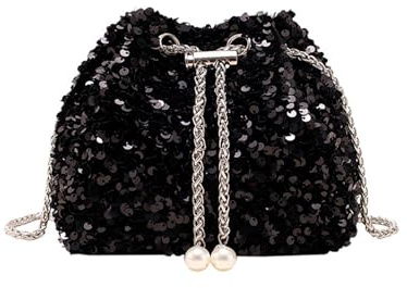 DiiWmme Bucket Bag for Women Sparkly Black Clutch Bag with Drawstring Detachable Chain Strap Elegant Shoulder Handbag Crossbag for Wedding Party Evening Bag for Girls Ladies