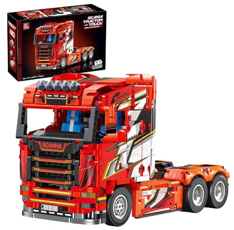 Technik LKW Bausteine Bausatz, 1708PCS Traktor LKW Modell Klemmbausteine, Simulation Fahrzeug Sammelbau Spielzeug Display für Jugendliche und Erwachsene (Rot)