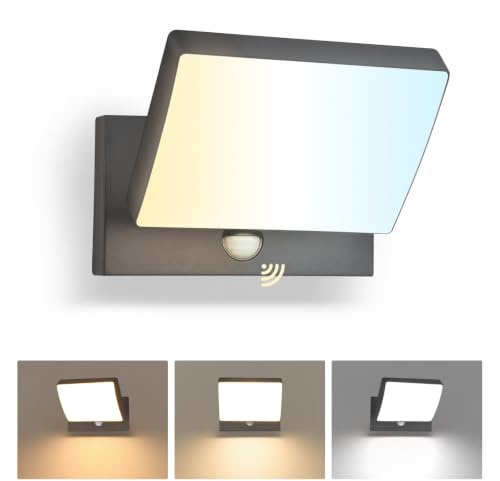 GeyouLux LED Außenlampe mit Bewegungsmelder, 24W 3000LM, 3CCT, Anthrazit | IP65 Wasserdichte, 3000K/4000K/6000K, mit Schwenkbar LED Panel, Aluminium Wandleuchte für Garage, Terrasse, Garage