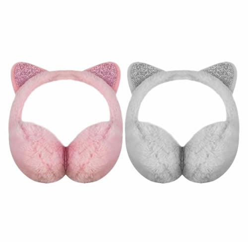 ALYAR Cat Ear Muffs Winter Warm Faux Furry Cute Sequin Cat Ear Warmers Girls Earmuffs Fluffy Foldable Windproof Plush Ear Cover Protector For Women Girls Outdoor Accessory Assorted Color (Pack Of 1)