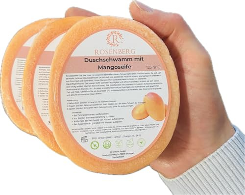 Handgemachte Schwammseife mit naturbasierten Inhhaltsstoffen I Duschseife I sanfte Pflege für Gesicht und Körper I vegan, nachhaltig, feuchtigkeitsspendend I Frische Düfte (3er Pack, Mango)