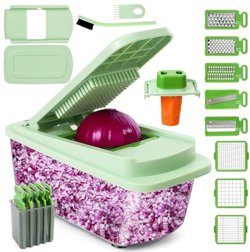 Vegetable Chopper 16-in-1 Multifunctional Kitchen Gadgets - 8 Blades Onion Chopper with Container, Food Spiralizer Slicer Dicer Grater Shredder, Vegetable Cutter for Salad/Coleslaw/Meat/Nuts
