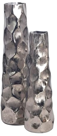 Wohnling Dekovase 2er Set Aluminium Silber Hammerschlag-Design | Blumenvasen rund mit ausdrucksstarker Oberfläche, Tischvasen Metall 2-teilig, Designvasen handgefertigt, Unikat