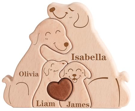 Personalized Wooden Dog Family Puzzle with 2-5 Name, Custom Name Puzzle Gifts for Home Decor, Personalised Gifts for Birthday Mother's Father's Day Christmas Anniversary and House Warming